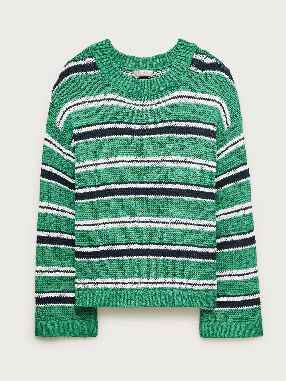 J. Crew Green Striped Crewneck Sweater with Navy and White